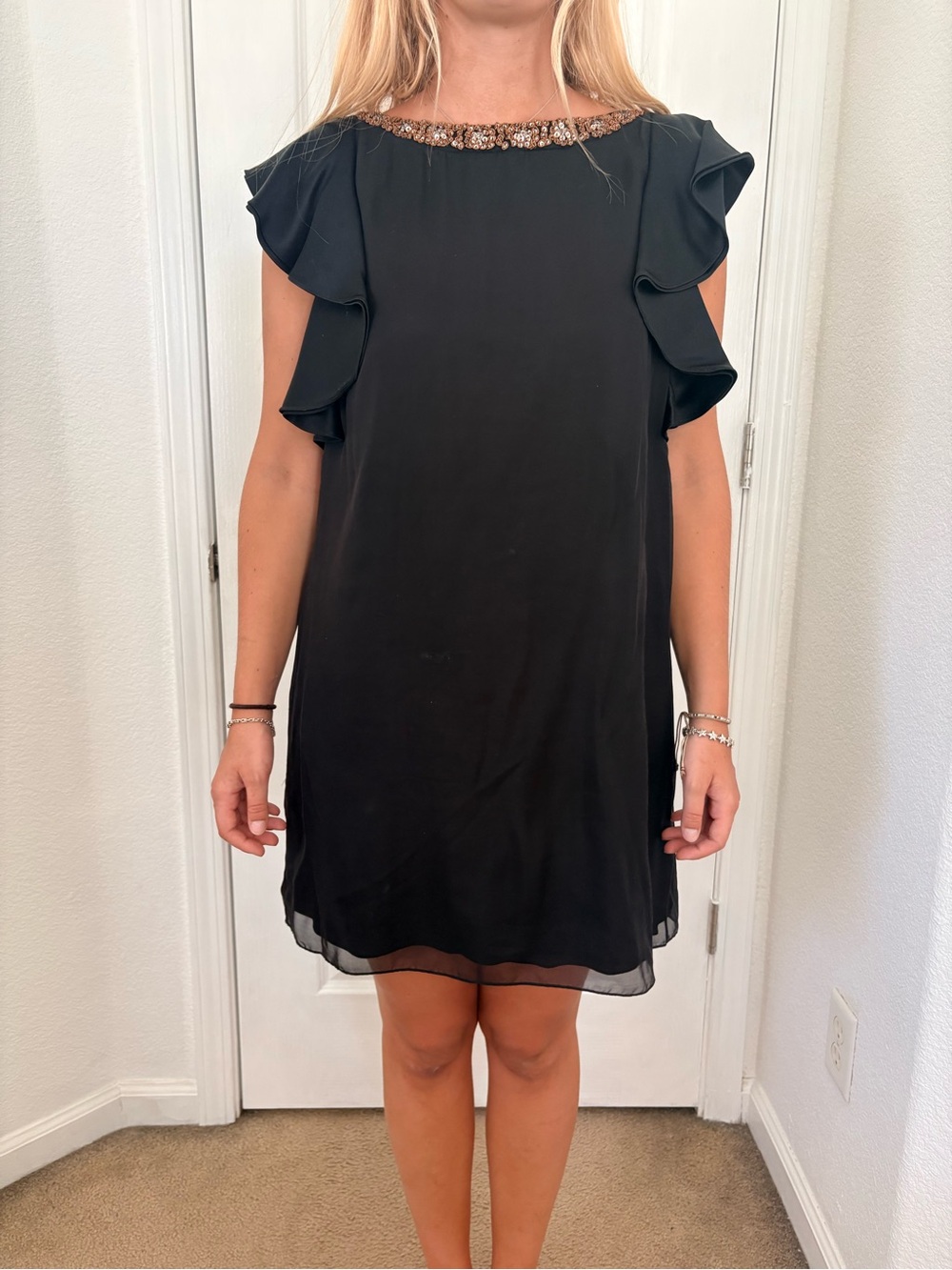 Alice + Olivia Black Ruffle Sleeve Shift Dress with Beaded Neckline 100% Silk